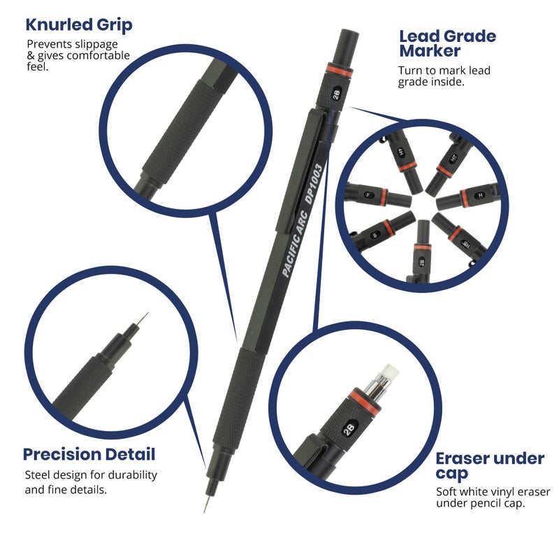 Pacific Arc Chromagraph Metal Mechanical Pencil .3 mm Black Barrel Mechanical Pencil with Built In Lead Pencil Grade Indicator, Lead Pencil Holder for Drafting, Sketching, and Drawing - Image 3